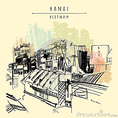 Hanoi Vietnam hand drawn artistic postcard Vector Illustration