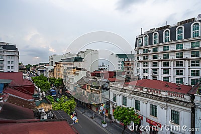 Hanoi, Vietnam - June 10, 2017: Aerial skyline view of Hanoi city, Vietnam. Hanoi cityscape by sunset period at Trang Tien street Editorial Stock Photo