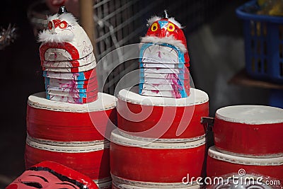 Hanoi / Vietnam - Sept. 1 2020: Traditional market sells colorful lanterns with different shapes, lion heads, drums... for the mid Stock Photo