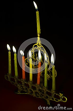 Hanuka candles in hanukkiya Stock Photo