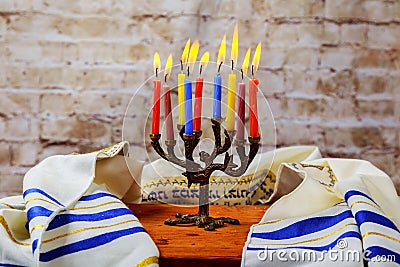 Hanuka menorah with burning candles. Stock Photo