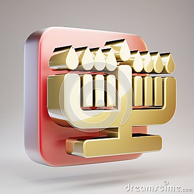 Hanukiah icon. Golden Hanukiah symbol on red matte gold plate Stock Photo
