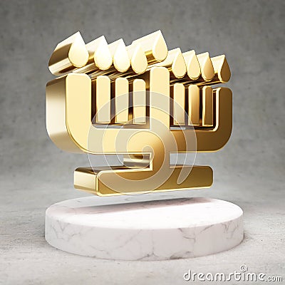 Hanukiah icon. Shiny golden Hanukiah symbol on white marble podium Stock Photo