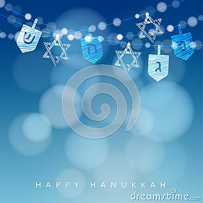 Hanukkah blue background with string of lights, dreidels and jewish stars. Vector Illustration