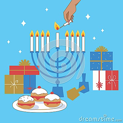 Hanukkah blue background with wooden dreidels, donuts, gift boxes and menorah. Happy Hanukkah, Jewish Vector Illustration