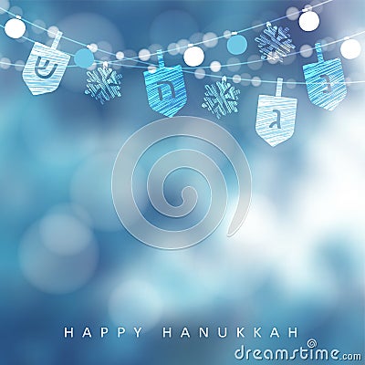 Hanukkah blue greeting card, invitation with string of lights, dreidels and snowflakes. Party decoration. Modern festive Vector Illustration