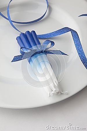 Hanukkah candles gift present on white background Jewish holidays traditions Stock Photo