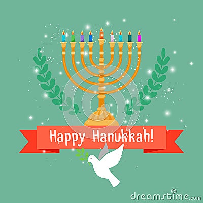 Hanukkah card with menorah and bird Vector Illustration