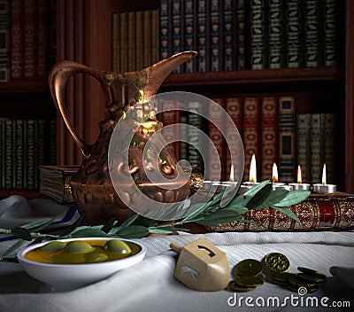 Hanukkah close up with candles, old books, spinning top Stock Photo