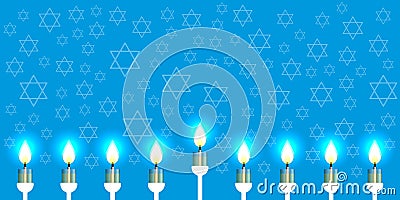 Hanukkah. 2-10 December. Judaic holiday. Nine candles. Hexagonal star of David. Vector Illustration