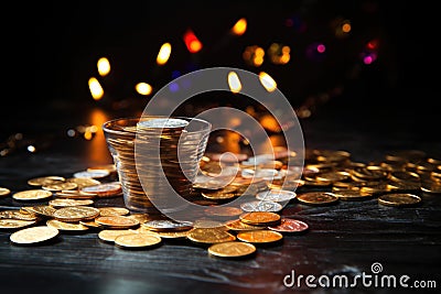 hanukkah gelt coins scattered on a dark table Stock Photo
