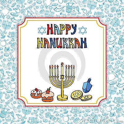 Hanukkah greeting card.Doodle Israel Holiday Vector Illustration