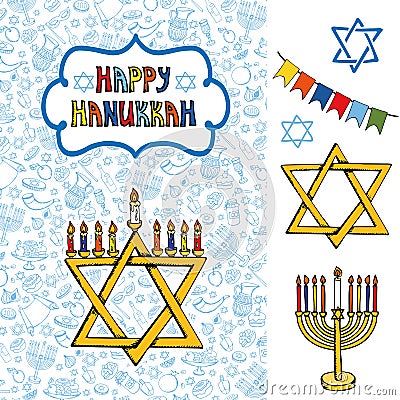 Hanukkah greeting card.Doodle Jewish Holiday Vector Illustration