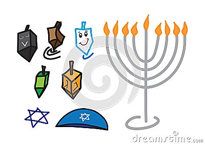 Set of color Hanukkah Jewish holiday Hand drawn symbols Vector Illustration