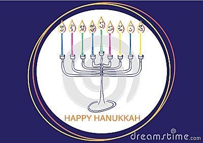 Happy Hanukkah card. Hand drawn Menora and colorful candles with face Vector Illustration
