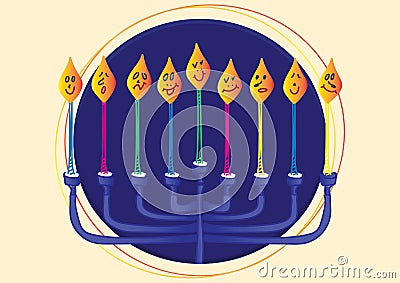 Blue Menora and Nine candles with different face expressions Vector Illustration