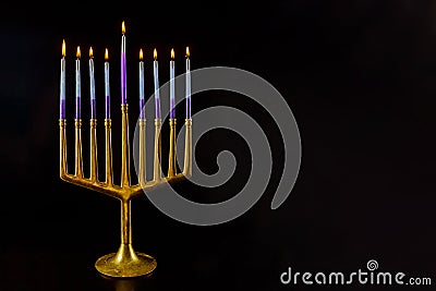 Hanukkah with hanukkiah menorah on nine candles Jewish traditional holiday Stock Photo