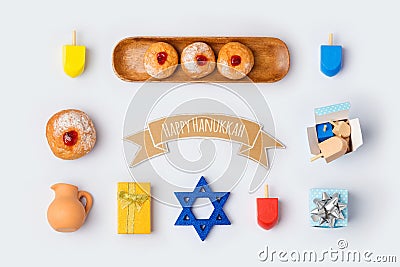 Hanukkah holiday food and objects for mock up template design.View from above. Stock Photo