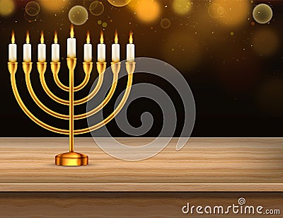 Hanukkah jewish holiday menorah wood table. Vector illustration. Realistic menorah and burning candles Vector Illustration