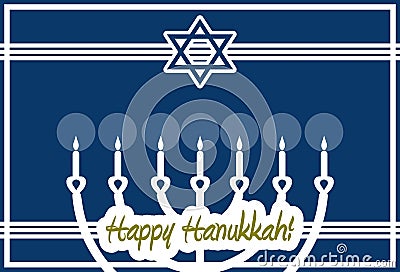 Happy Hanukkah, greeting card, menorah, white and blue, english. Cartoon Illustration