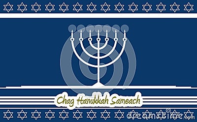 Chag Hanukka Sameach, greeting card, menorah, white and blue, Jewish. Cartoon Illustration