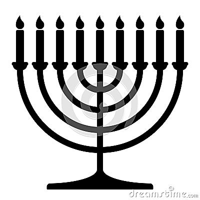 Hanukkah menorah, black and white vector silhouette illustration of hanukkiah nine-branched candelabrum with candles Vector Illustration