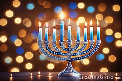 Hanukkah menorah with candles on table against blurry light, religious Jewish Stock Photo