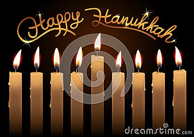 Hanukkah realistic vector candles over dark background. Happy Hanukkah lettering. Created with gradient mesh Vector Illustration