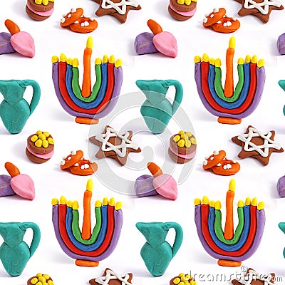 Hanukkah seamless handmade plasticine pattern. Modeling clay colorful texture. Isolated on white background Stock Photo