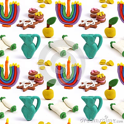 Hanukkah seamless handmade plasticine pattern. Modeling clay colorful texture. Isolated on white background Stock Photo