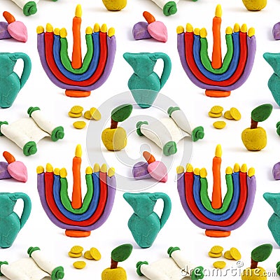 Hanukkah seamless handmade plasticine pattern. Modeling clay colorful texture. Isolated on white background Stock Photo