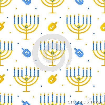 Hanukkah seamless pattern background with menorah and dreidel. Vector Illustration