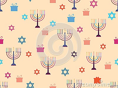 Hanukkah seamless pattern with candlesticks, stars and gifts. Celebratory background. Vector Vector Illustration