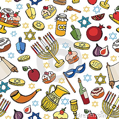 Hanukkah seamless pattern.Doodle Jewish Holiday Vector Illustration
