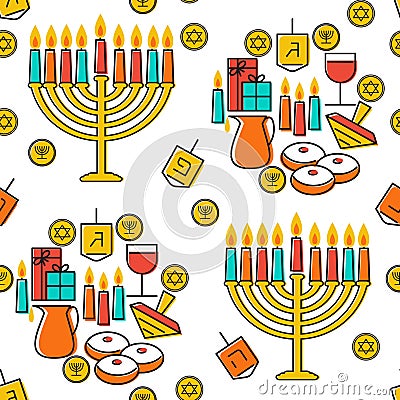 Hanukkah seamless pattern. Hanukkah simbols. Hanukkah candles, menorah, sufganiot and dreidel. Vector Illustration