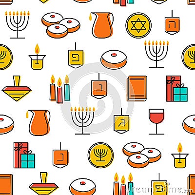 Hanukkah seamless pattern. Hanukkah symbols. Hanukkah candles, menorah, sufganiot and dreide. Vector Illustration