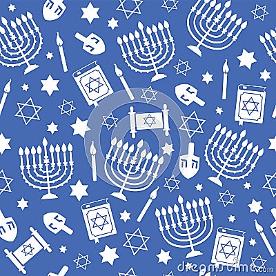 Hanukkah seamless pattern with menorah, dreidel, candles, star of David. Jewish holiday blue texture, background. Cute Stock Photo