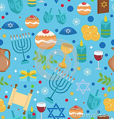 Hanukkah seamless pattern with menorah, dreidel, coins, snowflakes, donuts, bows and Jewish star. Vector Illustration