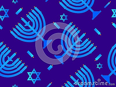 Hanukkah seamless pattern. Menorah with nine candles. Star of David. Vector Vector Illustration