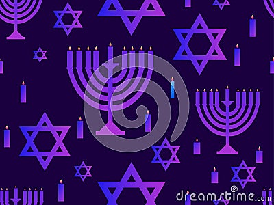 Hanukkah seamless pattern. Menorah with nine candles. Star of David. Vector Vector Illustration