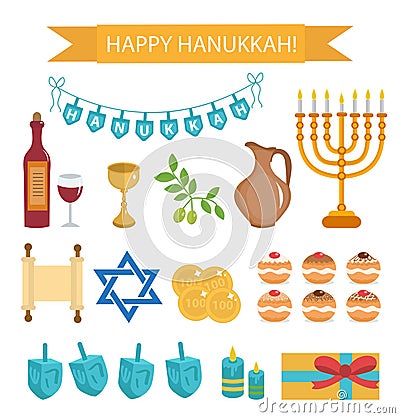 Hanukkah set of cartoon icons. Hanukkah Icons with Menorah Vector Illustration