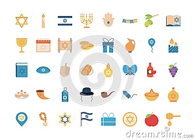 Hanukkah, star candle light torah and other traditional items flat style Vector Illustration