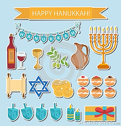 Hanukkah sticker pack. Hanukkah Icons with Menorah, Torah, Sufganiyot, Olives and Dreidel. Happy Hanukkah Festival of Lights Cartoon Illustration