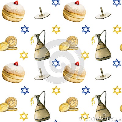 Hanukkah symbols watercolor seamless pattern on white background with holiday donuts, dreidel, jug, stars of david Stock Photo