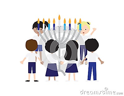 Jewish kids holding hands and standing around large Hanukkah menorah Vector Illustration