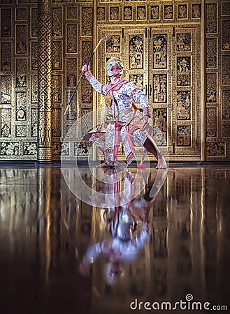 Hanuman is character in Thailand; is traditional dance drama art of Thai classical monkey masked Stock Photo