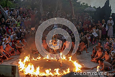 Hanuman on fire part of kecak dance at Uluwatu temple ,Bali Editorial Stock Photo