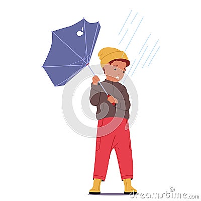 Hapless Boy Character Battles Storm and Wind, His Fractured Umbrella A Feeble Shield. Youthful Resilience Against Nature Vector Illustration