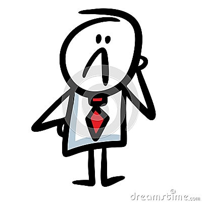 Hapless office worker in blue costume and red tie thinking of something. Vector Illustration