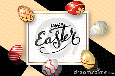 Happe Easter background, lettering, eggs. Greeting Easter 3D card. Gold decoration frame, handwritten inscription Vector Illustration